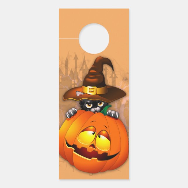 Niedliche Hexenkatze und KürbisHalloween-Freunde Türanhänger (Vorderseite)