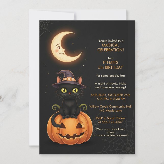 Niedliche Hexenkatze und Pumpkin Geburtstag Einladung (Vorderseite)