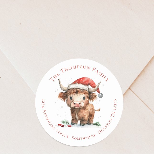 Niedliche Highland Cow Rücksendeadresse Weihnachte Runder Aufkleber (Von Creator hochgeladen)