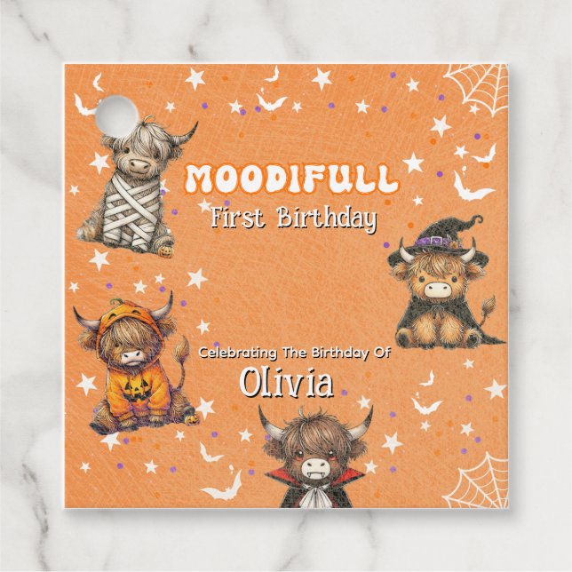 Niedliche Highland Cows Moodifull Halloween Geburt Geschenkanhänger (Vorderseite)