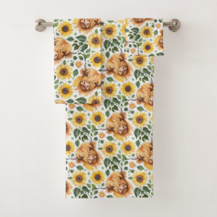 Niedliche Highland Cows & Yellow Sunflower Blume Badhandtuch Set