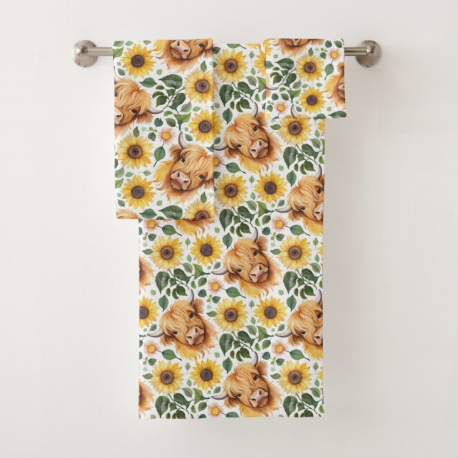 Niedliche Highland Cows & Yellow Sunflower Blume Badhandtuch Set (Insitu)