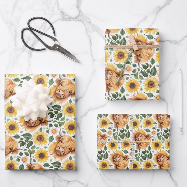 Niedliche Highland Cows & Yellow Sunflower Blume Geschenkpapier Set (Vorderseite)
