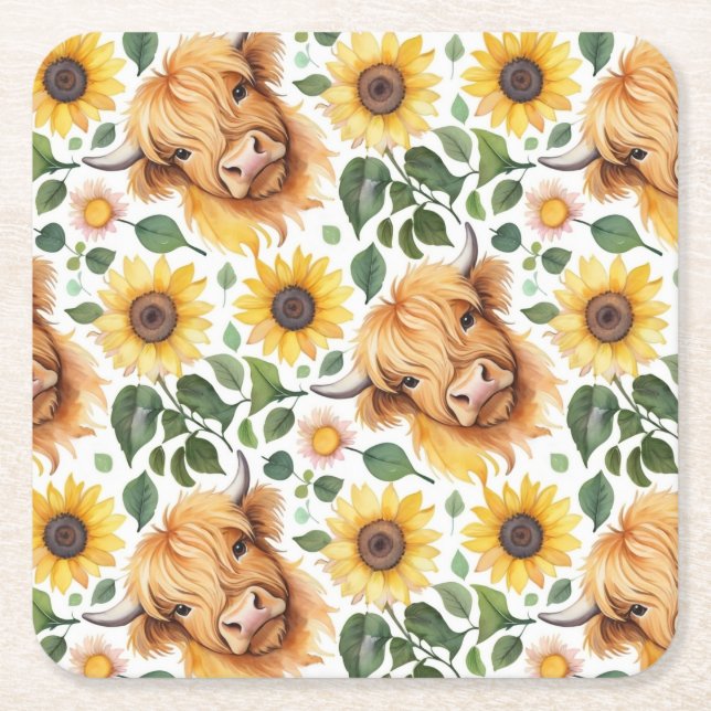 Niedliche Highland Cows & Yellow Sunflower Blume Rechteckiger Pappuntersetzer (Vorderseite)