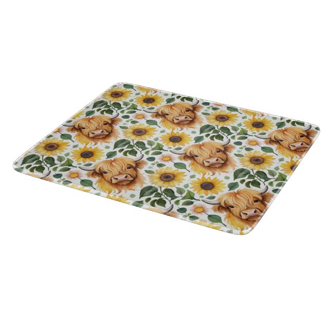 Niedliche Highland Cows & Yellow Sunflower Blume Schneidebrett (Ecke)