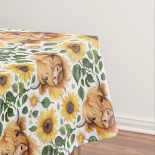Niedliche Highland Cows & Yellow Sunflower Blume Tischdecke