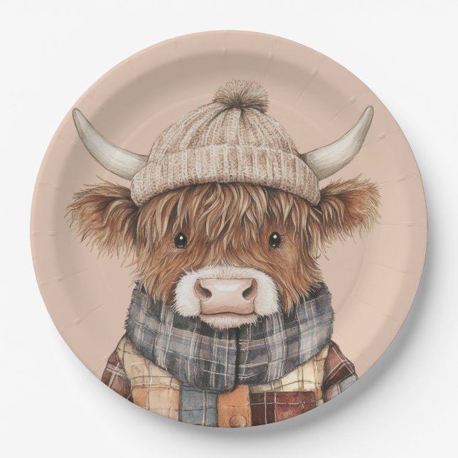 Niedliche Highland Kuh in Hat Boho Cream Pappteller (Vorderseite)