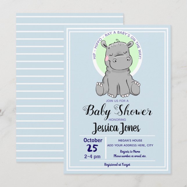 Niedliche Hippo Baby Dusche Einladungen (Vorne/Hinten)