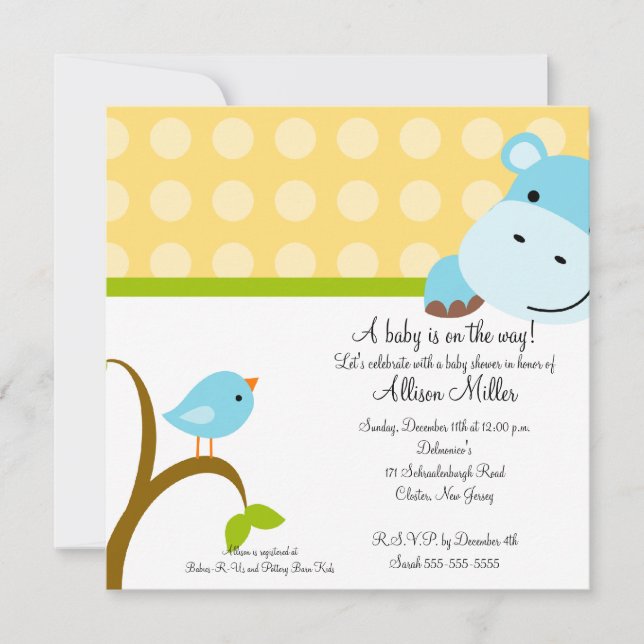 Niedliche Hippo & Birdie Baby-Dusche Einladung (Vorderseite)