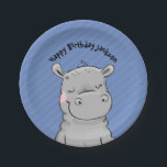 Niedliche Hippo Geburtstagsparty Plate Pappteller<br><div class="desc">Niedliches Hippo-Kunstwerk und einstellbarer Text. Kann umgestellt werden,  um "Baby Dusche" usw. zu sagen. Blau gestreifter Hintergrund.</div>