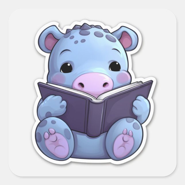 Niedliche Hippo-Reading Quadratischer Aufkleber (Vorderseite)