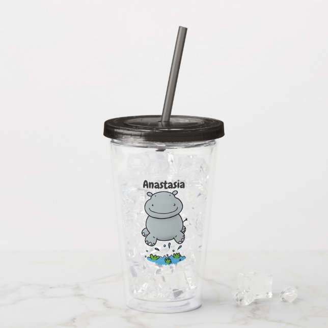 Niedliche Hippo Springen Cartoon-Abbildung Acryltrinkbecher (Rückseite Ice)