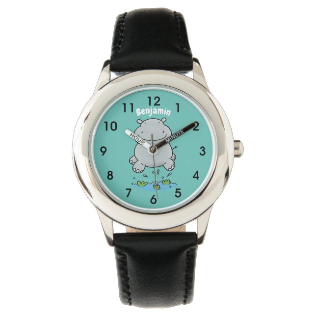 Niedliche Hippo Springen Cartoon-Abbildung Armbanduhr (Vorderseite)