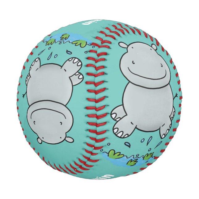 Niedliche Hippo Springen Cartoon-Abbildung Baseball (Schrägansicht)
