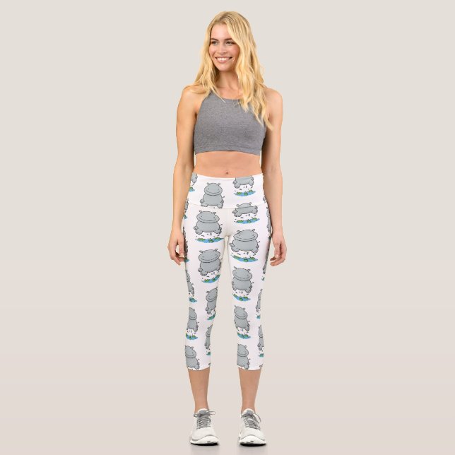 Niedliche Hippo Springen Cartoon-Abbildung Capri Leggings (Vorderseite)
