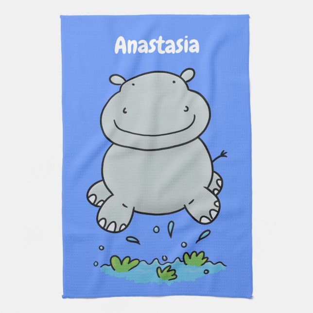 Niedliche Hippo Springen Cartoon-Abbildung Geschirrtuch (Vertikal)