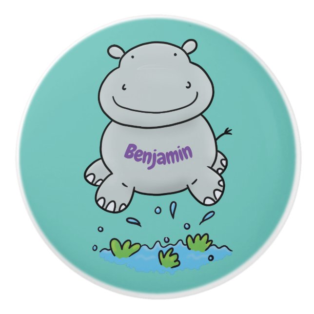 Niedliche Hippo Springen Cartoon-Abbildung Keramikknauf (Vorderseite)