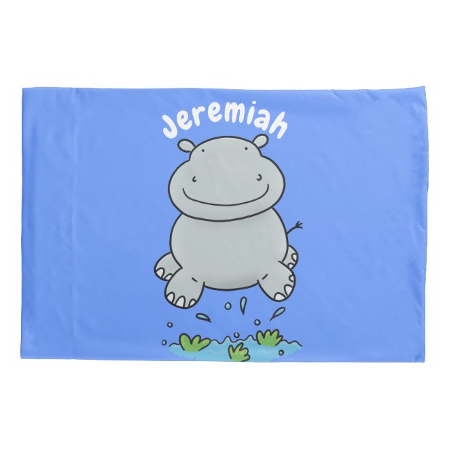 Niedliche Hippo Springen Cartoon-Abbildung Kissenbezug (Rückseite)