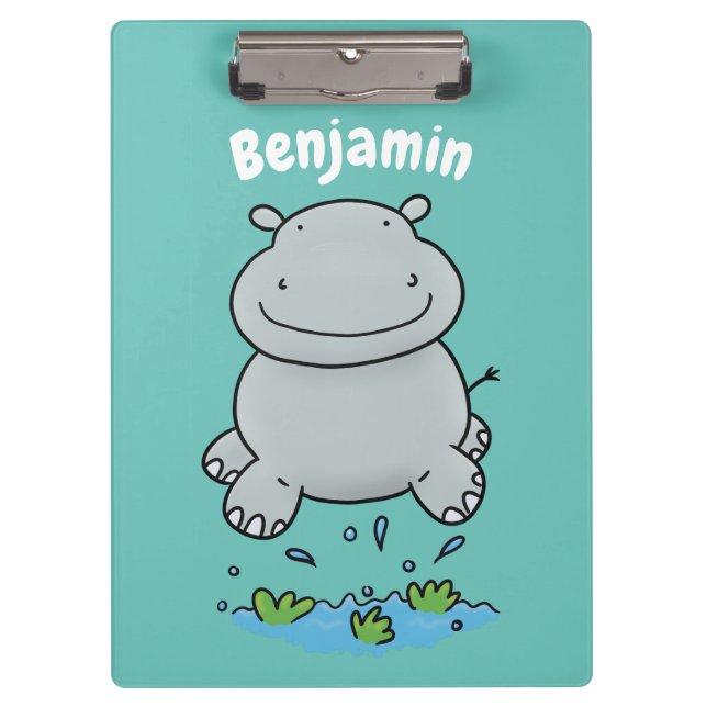 Niedliche Hippo Springen Cartoon-Abbildung Klemmbrett (Vorderseite)