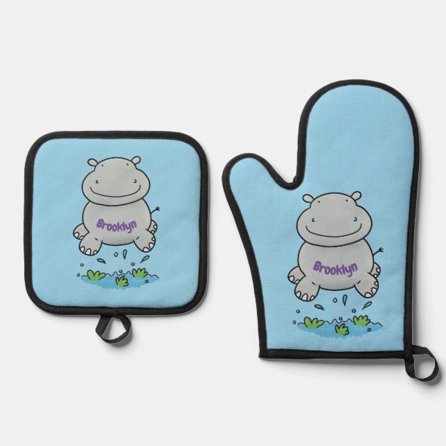 Niedliche Hippo Springen Cartoon-Abbildung Ofenhandschuh & Topflappen-Set (Vorderseite)