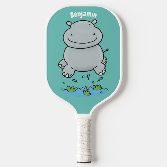 Niedliche Hippo Springen Cartoon-Abbildung Pickleball Schläger (Vorderseite)