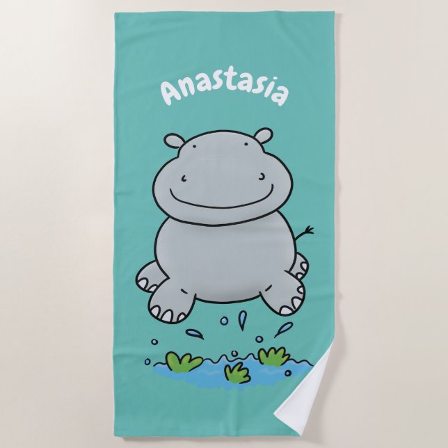 Niedliche Hippo Springen Cartoon-Abbildung Strandtuch (Vorderseite)