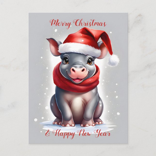 Niedliche Hippopotamus-Weihnachtsmannmütze Neujahr Feiertagspostkarte (Vorderseite)