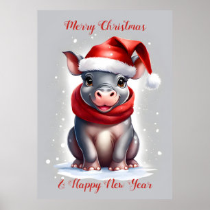 Niedliche Hippopotamus-Weihnachtsmannmütze Neujahr Poster
