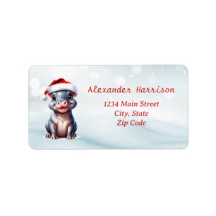 Niedliche Hippopotamus Weihnachtsmannmütze Schnee Adressaufkleber