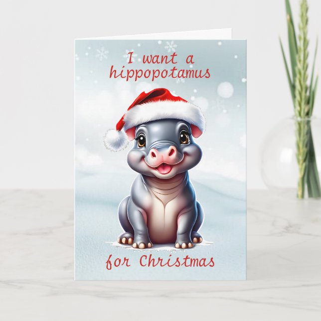 Niedliche Hippopotamus Weihnachtsmannmütze Schnee  Feiertagskarte (Vorderseite)