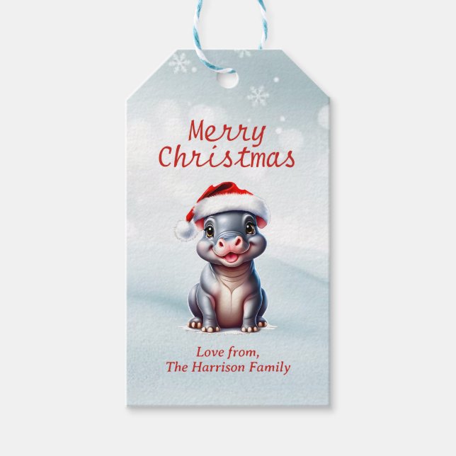 Niedliche Hippopotamus Weihnachtsmannmütze Schnee  Geschenkanhänger (Vorderseite)