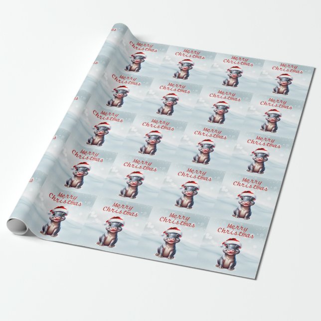 Niedliche Hippopotamus Weihnachtsmannmütze Schnee  Geschenkpapier (Ungerollt)