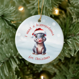 Niedliche Hippopotamus Weihnachtsmannmütze Schnee  Keramik Ornament