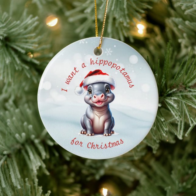 Niedliche Hippopotamus Weihnachtsmannmütze Schnee  Keramik Ornament (Baum)