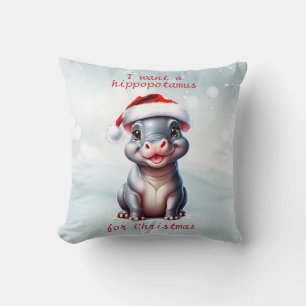 Niedliche Hippopotamus Weihnachtsmannmütze Schnee  Kissen