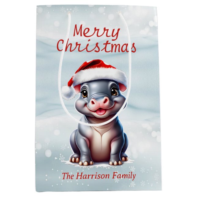 Niedliche Hippopotamus Weihnachtsmannmütze Schnee  Mittlere Geschenktüte (Vorderseite)