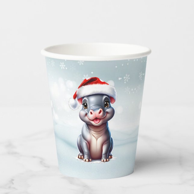 Niedliche Hippopotamus Weihnachtsmannmütze Schnee  Pappbecher (Vorderseite)
