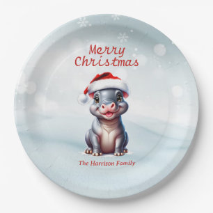 Niedliche Hippopotamus Weihnachtsmannmütze Schnee Pappteller
