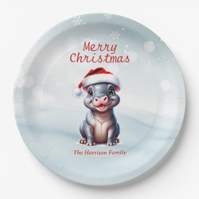 Niedliche Hippopotamus Weihnachtsmannmütze Schnee  Pappteller (Vorderseite)
