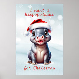 Niedliche Hippopotamus Weihnachtsmannmütze Schnee  Poster