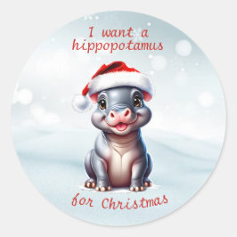 Niedliche Hippopotamus Weihnachtsmannmütze Schnee  Runder Aufkleber