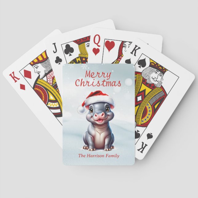 Niedliche Hippopotamus Weihnachtsmannmütze Schnee  Spielkarten (Rückseite)