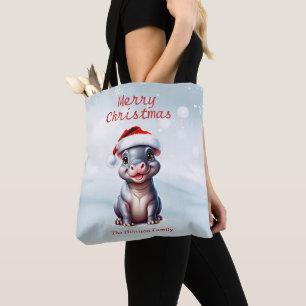 Niedliche Hippopotamus Weihnachtsmannmütze Schnee Tasche