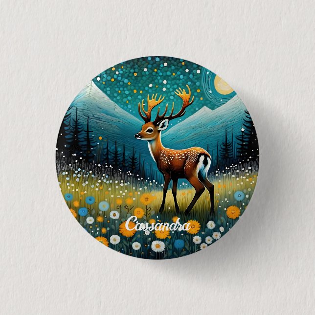 Niedliche Hirsche Blume Weidenfantasie Button (Vorderseite)