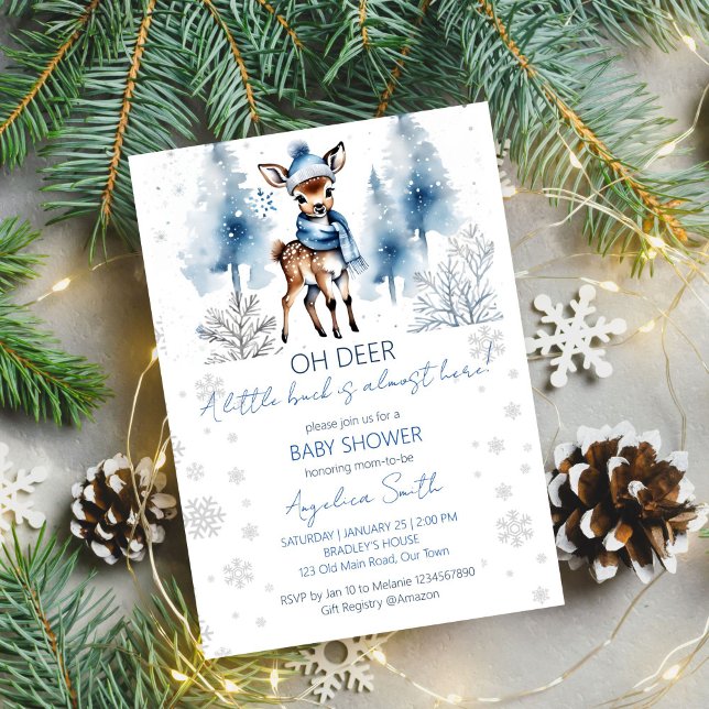 Niedliche Hirsche Winterjungs Babyduschvorschau Einladung (Oh deer winter baby shower editable template digital download watercolor cute buck winter wonderland)