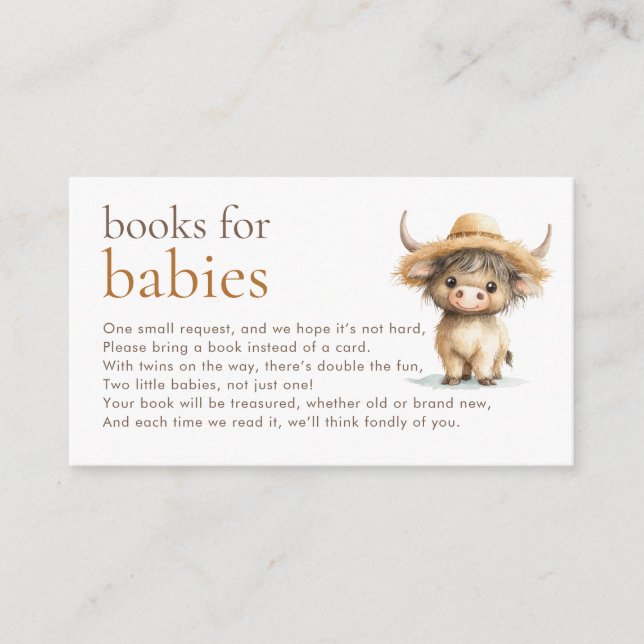 Niedliche Hochland Kuh Twins Bücher für Babydusche Begleitkarte (Vorderseite)