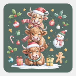 Niedliche Hochland Kuh Weihnachtsbäume Heiße Kakao Quadratischer Aufkleber