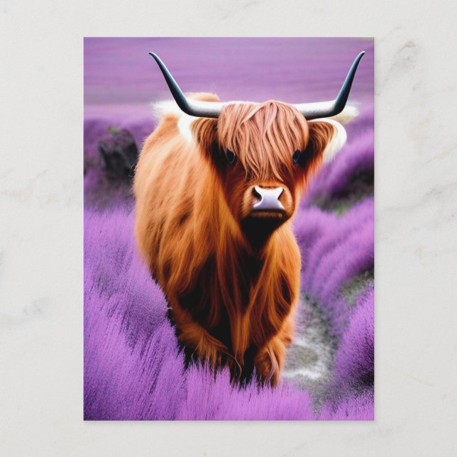 Niedliche Hochlandkuh auf Lavendelfeldern Postkarte (Vorderseite)
