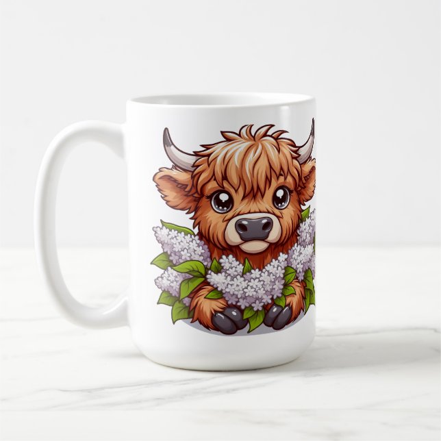 Niedliche Hochlandkuh-Holding Lilacs Kaffeetasse (Links)