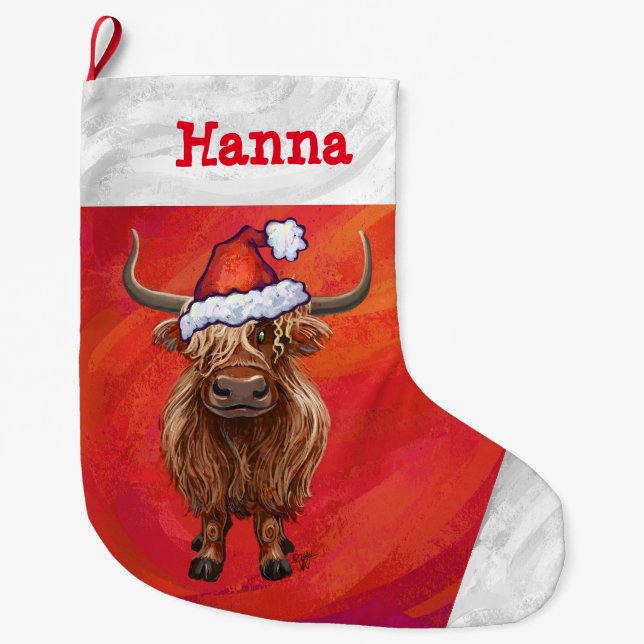 Niedliche Hochlandkuh in Weihnachtsmannmütze auf R Großer Weihnachtsstrumpf (Vorderseite)